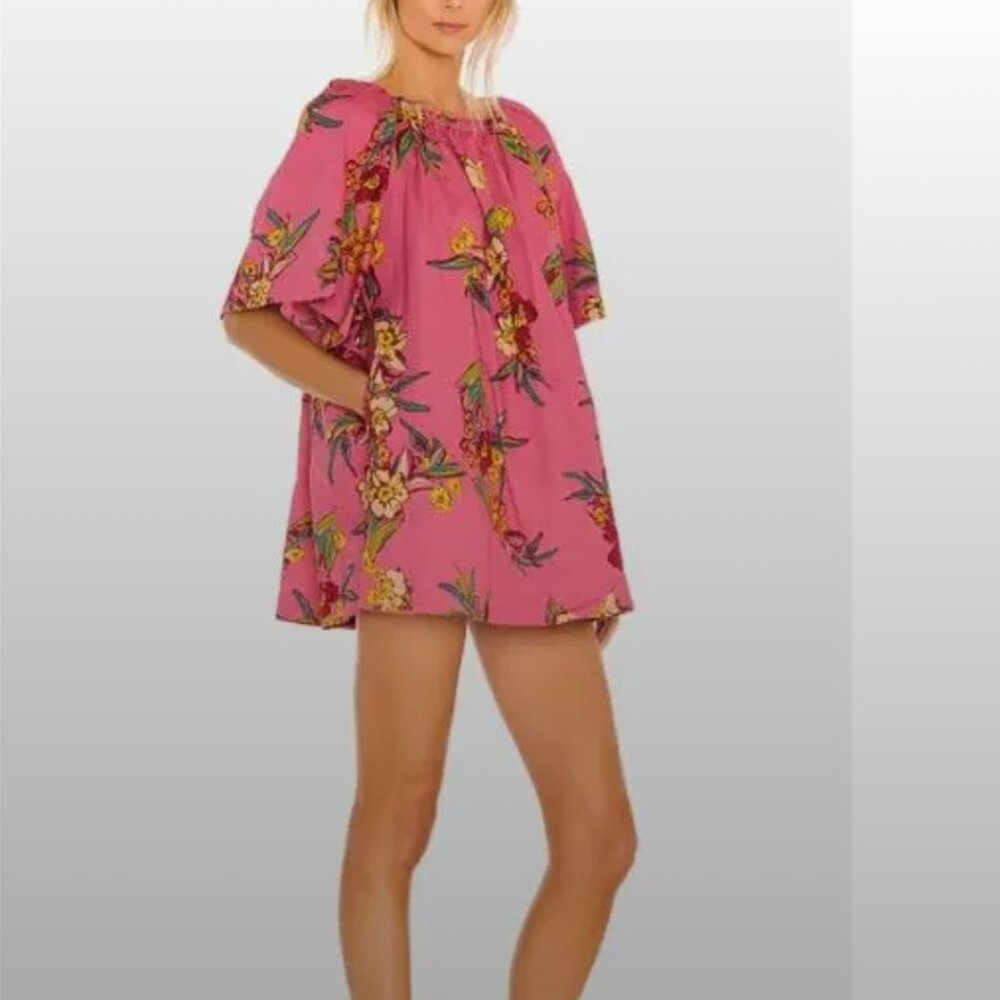 Free People Pink mini dress, tropical flowers, back peep hole
